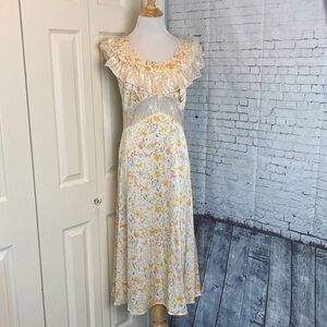 Simple Retro Romantic Flounce Sleeve Lace Detail Floral Slip Dress M Cottage